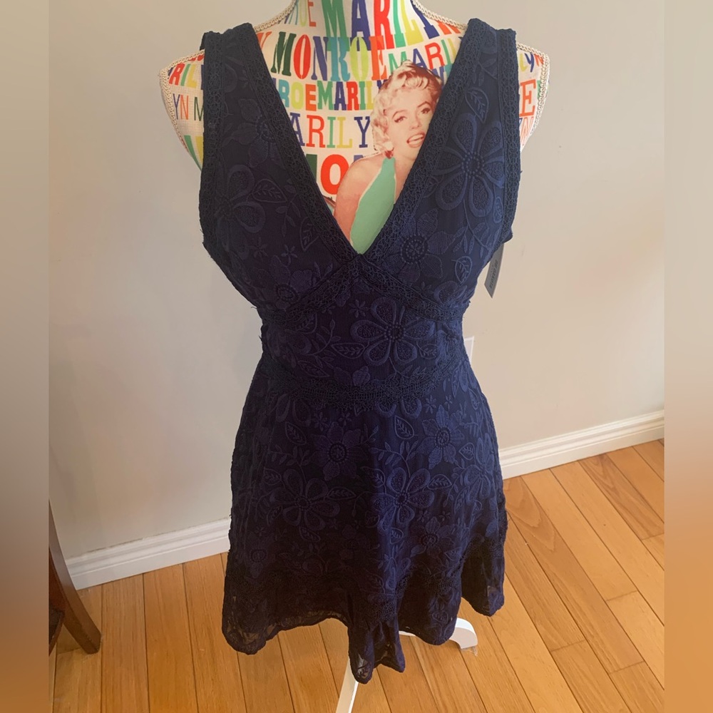 NWT BB Dakota Navy Sleeveless Floral Lace Dress